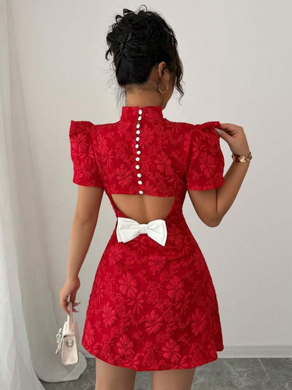 Red Floral Jacquard Mini Dress, SHEIN, Size Large, Open back with buttons & bow